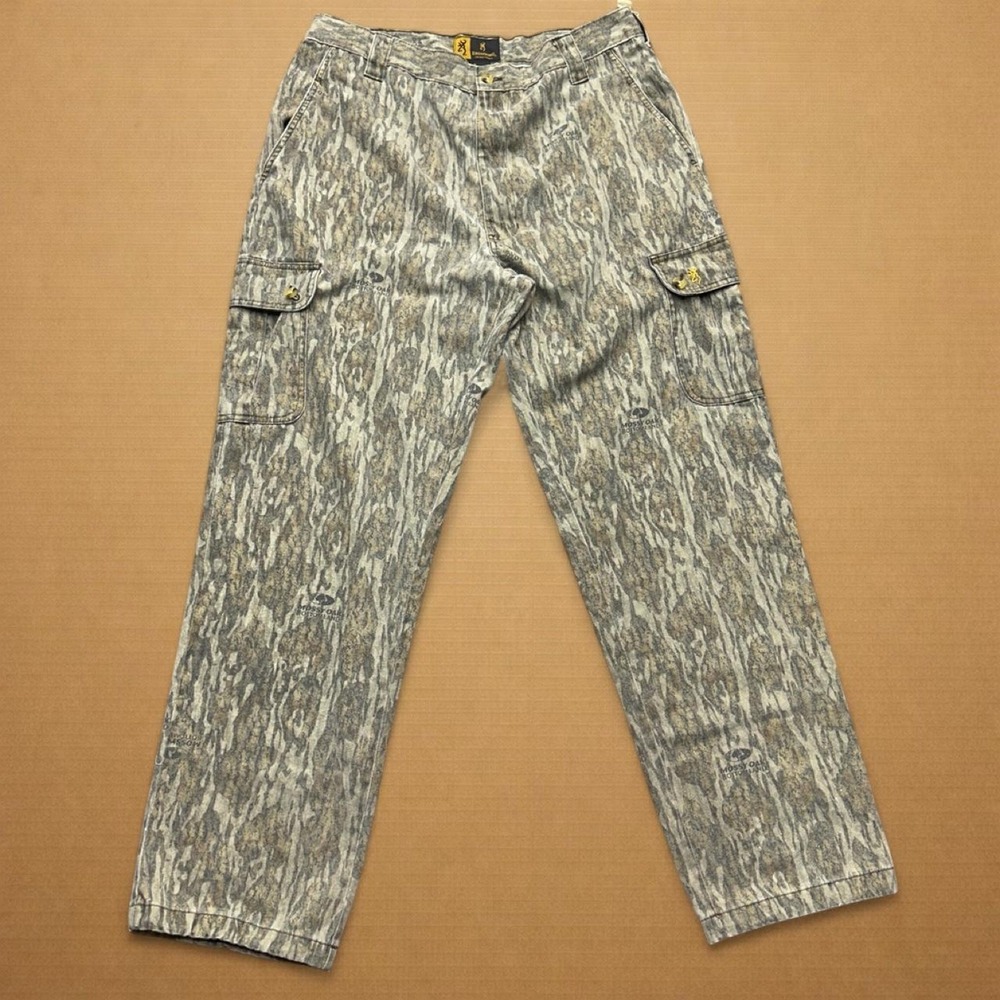 Browning Cargo Pants Mens Sz XL Camo Mossy Oak Relaxed Wide Leg Hunting Buckle